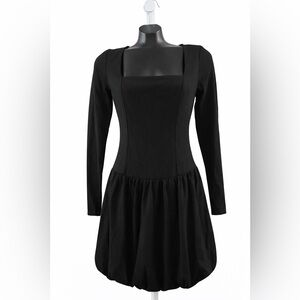 Black Long Sleeve Bubble Dress | Square Neck | Stretch Cotton | Size M